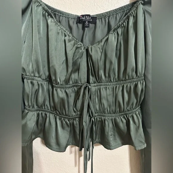 Mixed Threads Tie Front Square Neck Hunter Green Peasant Crop Blouse - Picture 3 of 13